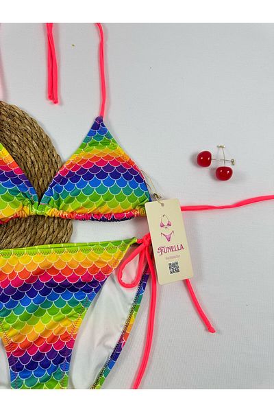 FUNELLA Stylish Women's Bikini Set with Fish Pattern Side and Neck Tie