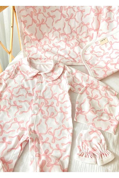 Zezig Pink Ribbon 4 Piece Hospital Discharge Set 100% Cotton