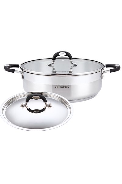 Arshia High-quality Stainless Steel Cooking Pot Low With Two Lids. Capacity: 28 Cm.
