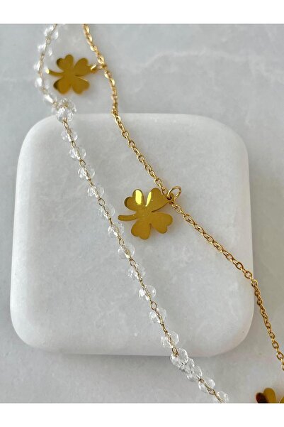 Seda Bijuteri Steel Clover Dangle White Beaded Double Chain Anklet Gold