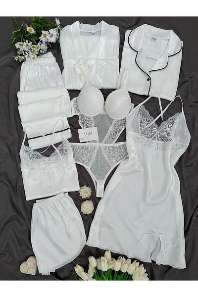 Lena Homewears Ecru Satin Boxed 8 Piece Giant Pajamas Nightgown Dressing Gown Underwear Bridal Dowry Set