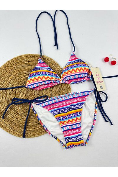 FUNELLA Stylish Women's Bikini Set with Tie-Dye Patterned Side and Neck Tie