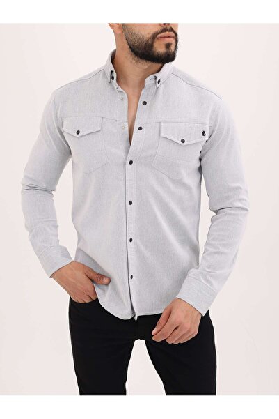 cliento Slim Fit Likralı Erkek Cepli Kot Gömlek Gri