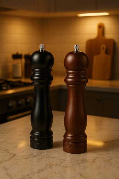 Technojet 2 li Karabiber Tuz Kahve Baharat Öğütücü Ahşap Değirmeni  Siyah ve Kahverengi