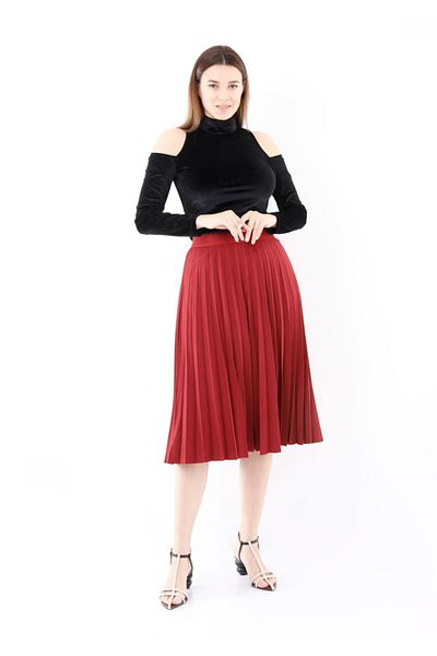 G-Line Burgundy Knee Length Pleated Elastic Waist Skirt