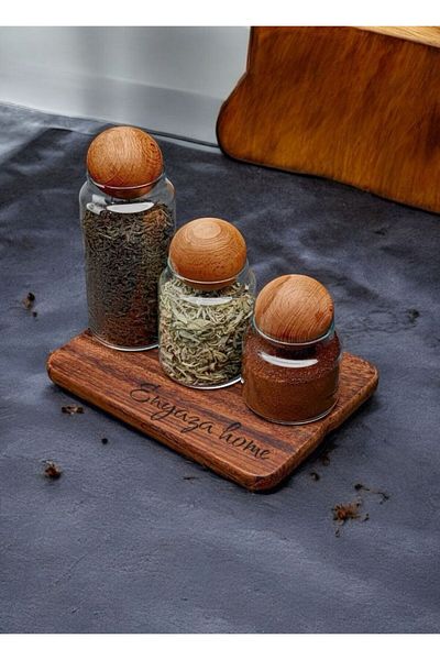 ENYAZA(2024) 3-Piece Glass Jar Set with Wooden Ball Lid Sugar Bowl Snack Bowl Spice Bowl and Storage Container