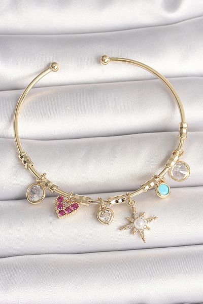 Mu Art Ahşap Brass Gold Color Zircon Stone Dangle Pole Star Figure Pearl Detail Charm Women's Bracelet
