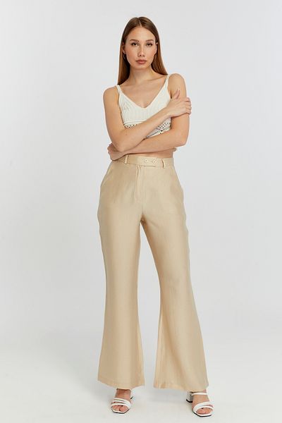 Bolivente Light Beige Linen Flared Woven Trousers