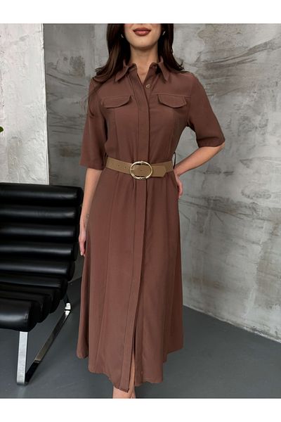 Elif Özbey Butik Κοντομάνικο φόρεμα με λεπτομέρεια τσέπης σε καφέ χρώμα