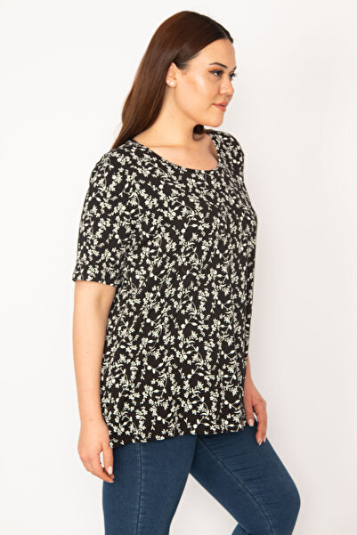 Şans Women's Large Size Black Cotton Fabric Crew Neck Floral Patterned Tunic 65N36825