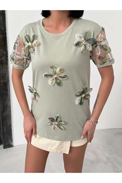 MODA Floral Combed Cotton Sleeve Tulle Detail T-Shirt Jb 201565898