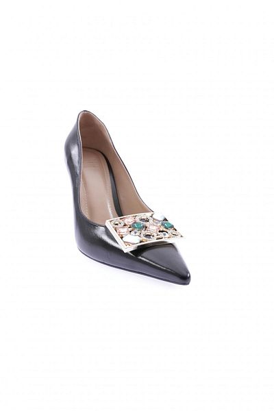 DGN Pantofi cu toc de damă cu vârf ascuțit cu cataramă pătrată, cristal colorat, negru metalic 101643236