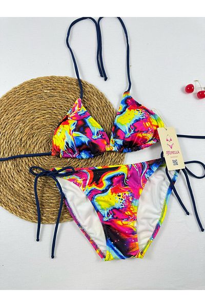 FUNELLA Stylish Women's Bikini Set with Tie-Dye Patterned Side and Neck Tie
