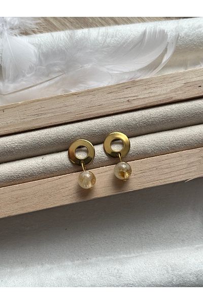 Pel Design Citrine Stone Steel Stainless Earrings Handmade