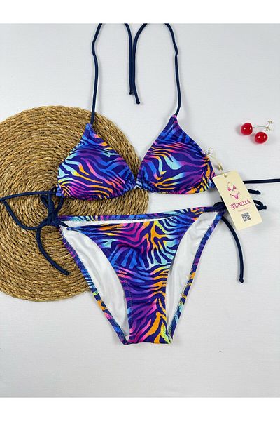 FUNELLA Colorful Zebra Patterned Stylish Women's Bikini Set with Tie on the Side and Neck