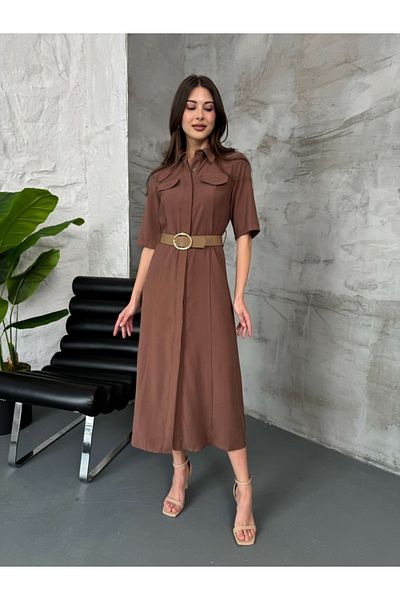 Elif Özbey Butik Κοντομάνικο φόρεμα με λεπτομέρεια τσέπης σε καφέ χρώμα