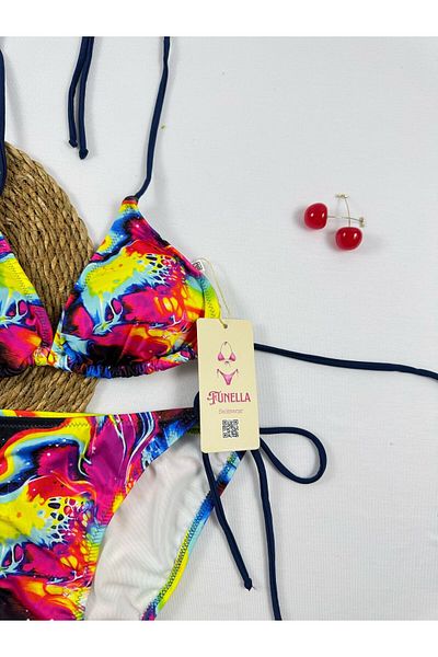 FUNELLA Stylish Women's Bikini Set with Tie-Dye Patterned Side and Neck Tie
