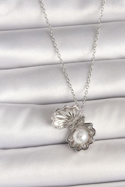 Clariss 316L Steel Silver Color Chain Clamshell Model Women's Necklace with Pearl