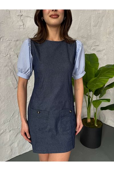 Elif Özbey Butik Rochie din denim cu detaliu popelin cu mâneci