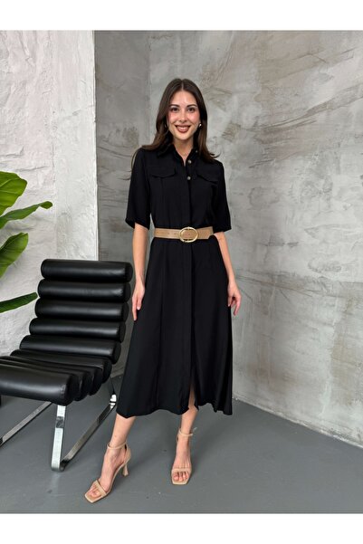Elif Özbey Butik Black Pocket Detailed Short Sleeve Dress