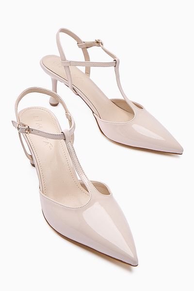 Limoya Olena Beige Patent Leather Closed Toe Thin Heeled Women's Sandals