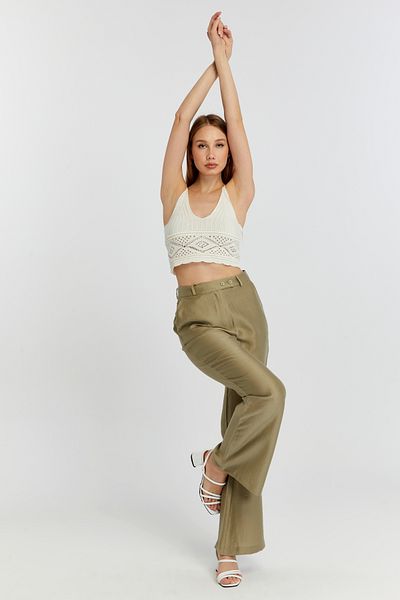 Bolivente Mold Green Linen Flared Woven Trousers