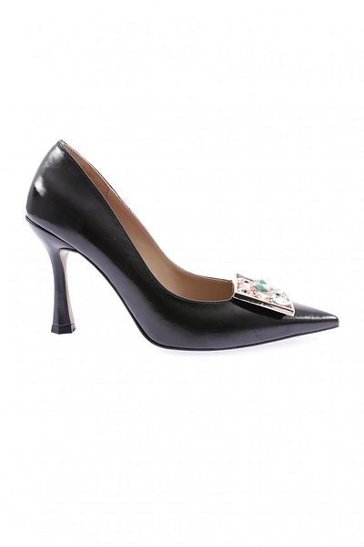 DGN Pantofi cu toc de damă cu vârf ascuțit cu cataramă pătrată, cristal colorat, negru metalic 101643236