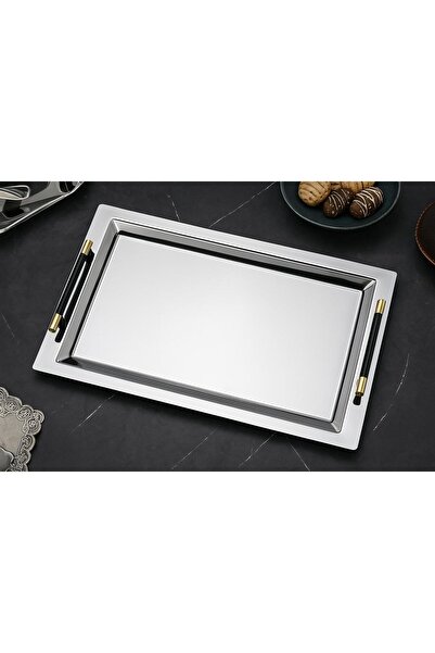 ÖZBURAK Mercan Silver Black Ikramlık Sunumluk Çay Servis Sunum Tepsi