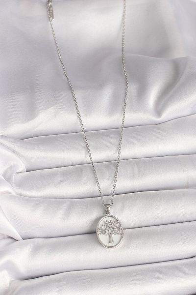 Clariss 316L Steel Silver Color Chain Zircon Stone Embroidered White Enamel Tree Embroidered Portrait Model Women's Necklace