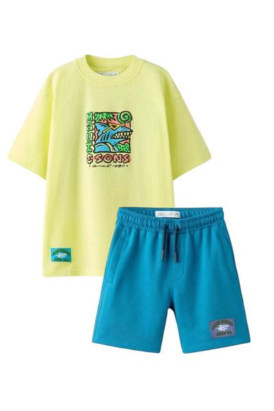 Lolliboomkids Boy's Green Blue Color Back Print Detailed Tshirt - Shorts 2-Piece Bottom Top Set