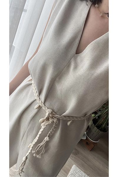 Lavanta Tekstil Linen Cream Belted Jumpsuit
