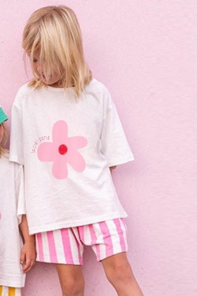 Lolliboomkids Κοριτσίστικο μπλουζάκι με βαμβακερό λαιμόκοψη με λουλούδια με ριγέ σορτς κάτω σετ