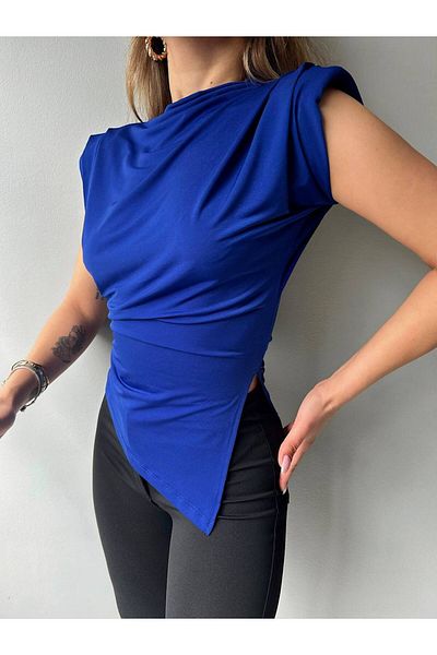 Butik Beyza Μπλούζα από λύκρα με ασύμμετρη κοπή με άμμο με επένδυση στους ώμους