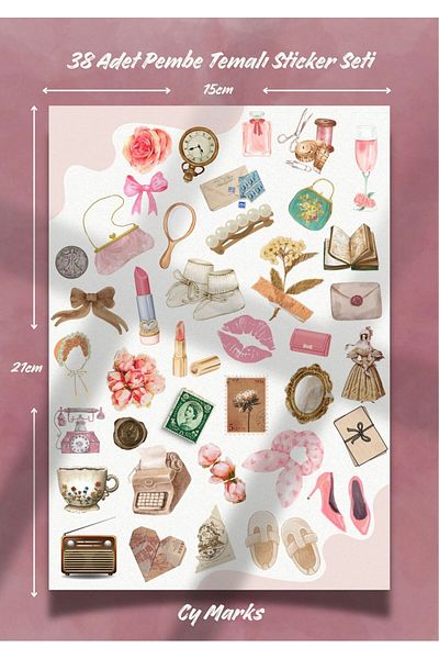 alışveriş kurdu Pink Vintage Sticker Label Set 38 Pieces - Planner, Agenda, Laptop, Phone, Bullet Journal Sticker
