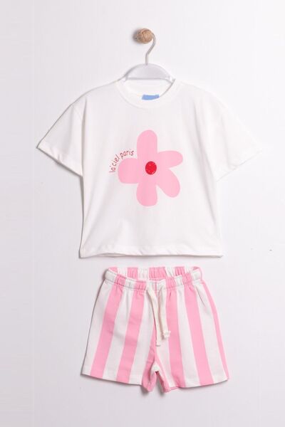 Lolliboomkids Girl's Cotton Crew Neck Floral Printed Tshirt Striped Shorts Bottom Top Set