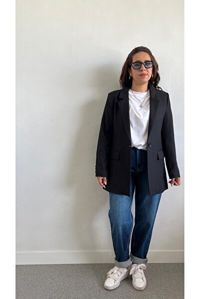Gizybutik Tek Düğmeli Yün Efektli Siyah Blazer Ceket