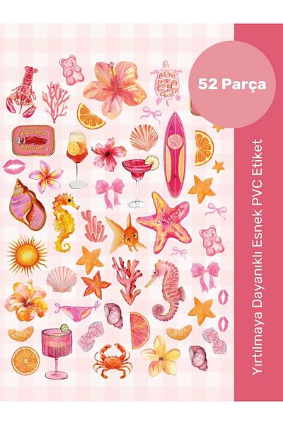 alışveriş kurdu Pink Summer Sticker Label Set 52 Pieces - Planner, Agenda, Laptop, Phone, Bullet Journal Label