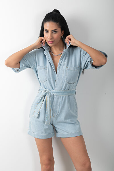 top girl Kadın Denim Şortlu Kuşaklı Kot Tulum