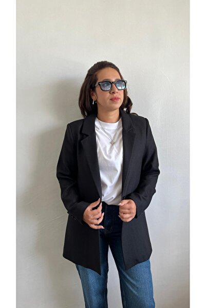 Gizybutik Tek Düğmeli Yün Efektli Siyah Blazer Ceket
