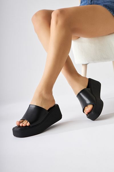 Limoya Kadra Black Wedge Heeled Women's Slippers