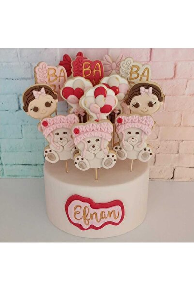 Tatlı Armağanlar Standlı Çubuklu İsimli Yenidoğan Baby Yazılı Balonlu ve Ayıcıklı Model Butik Kurabiye - 15 Adet