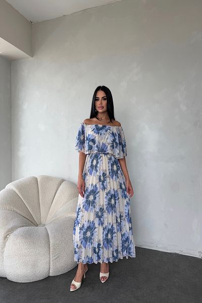 LİLA İSTANBUL Square Neck Pleated Chiffon Floral Print Summer Dress