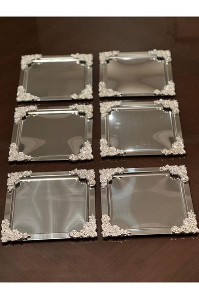 Farklıevim 6-Piece Luxury Silver Cafe Presentation Tray Flower Design Has 4 Corners