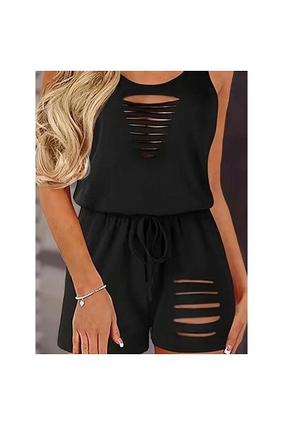 BAYAN Strap Round Neck Laser Cut Detail Lace Short Viscos Jumpsuit