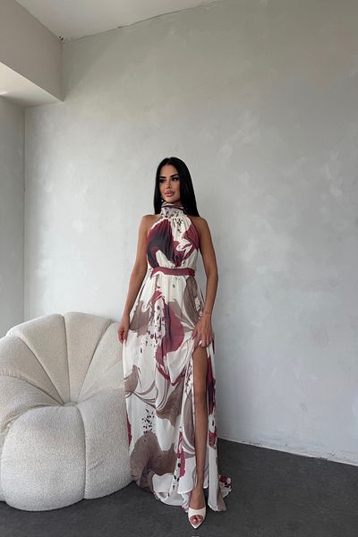 LİLA İSTANBUL Turtleneck Self Patterned Evening Dress with Slit Detail