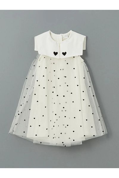LC Waikiki Ecru Crew Neck Printed Standard Fit Girl's Lace Dress