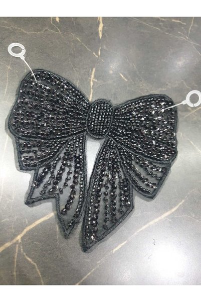 ESRA ŞELEM Black Color Bead Embroidered Bow Model Sewing Accessory Applique Bronde Accessory