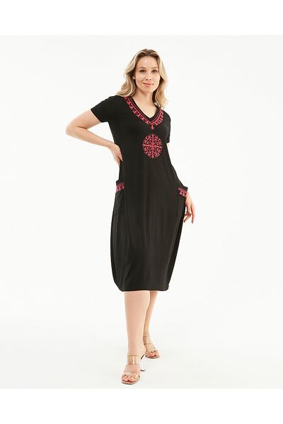 Şans Women's Plus Size Black, V-Neck, Embroidered Short Sleeve, Pocket Viscose Dress 65N38951