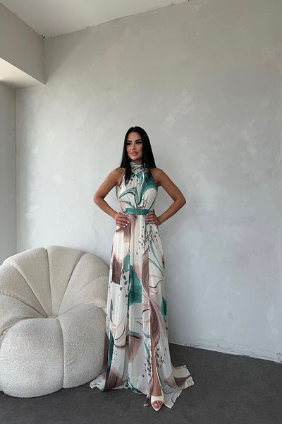 LİLA İSTANBUL Turtleneck Self Patterned Evening Dress with Slit Detail