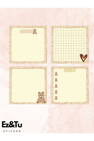 Ez&Tu Stıcker 8X8 Patterned Set of 4 Memopad Notepad Planner Cute Bear Themed Cube Notes